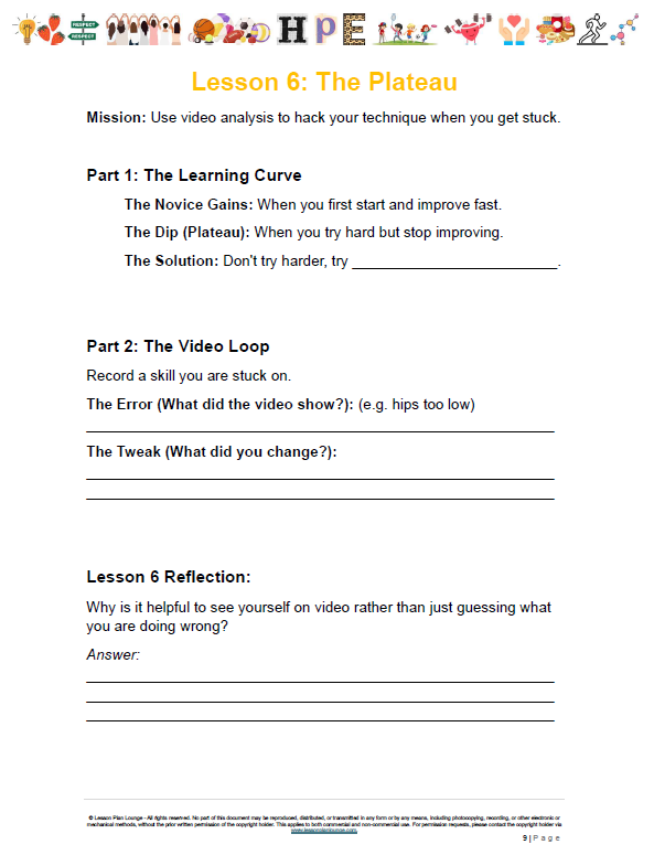 Lesson 6 worksheet titled 'The Plateau' with learning objectives and reflection questions on a white background.