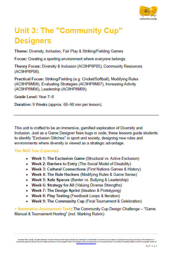 Educational unit plan titled 'The Community Cup' for designers on diversity, inclusion, and fair play.