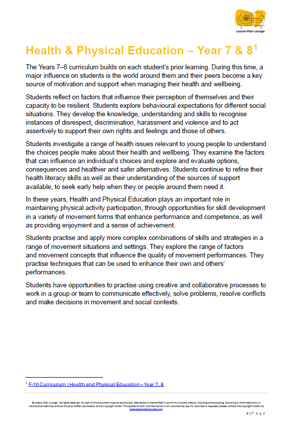 Document on Health & Physical Education curriculum for Years 7 & 8, detailing student learning outcomes and topics.