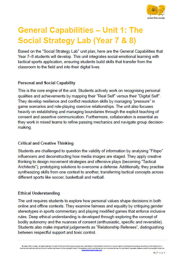 Educational document about General Capabilities Unit 1: The Social Strategy Lab for Year 7 & 8 students.
