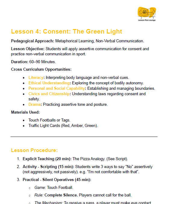 Lesson plan for 'Consent: The Green Light' with objectives, duration, and materials used.
