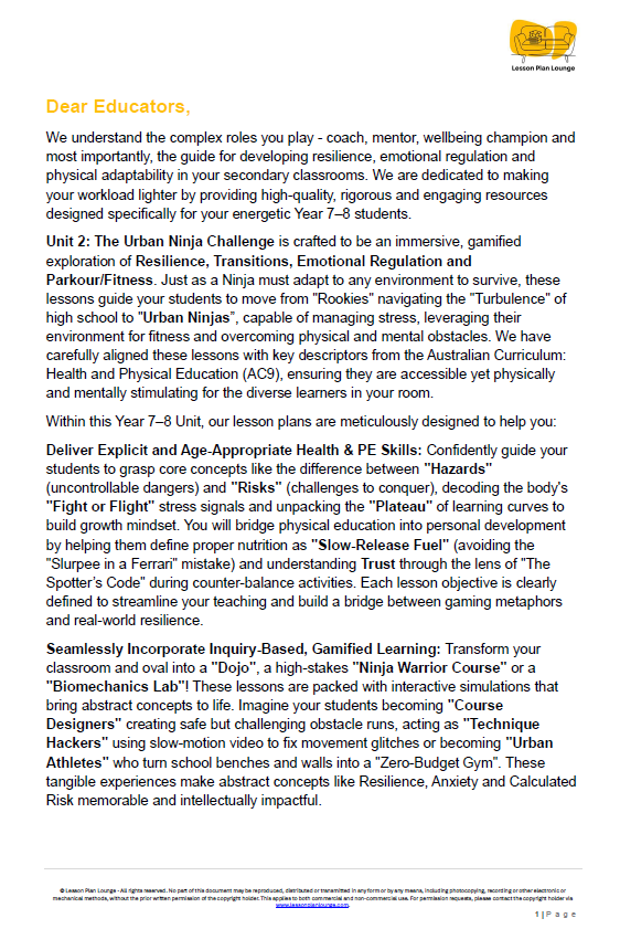 Educational document about a high-stakes 'Ninja Warrior Course' for students, with a visible logo at the top right corner.