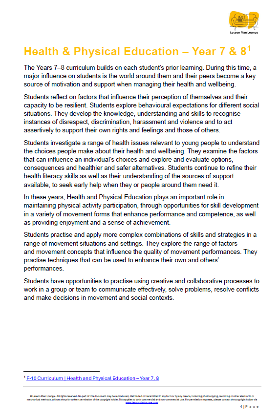 Document on Health & Physical Education curriculum for Year 7 & 8 students, detailing their learning objectives and activities.