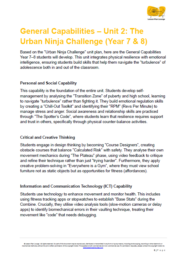 Educational document titled 'General Capabilities - Unit 2: The Urban Ninja Challenge' for Year 7 & 8 students.