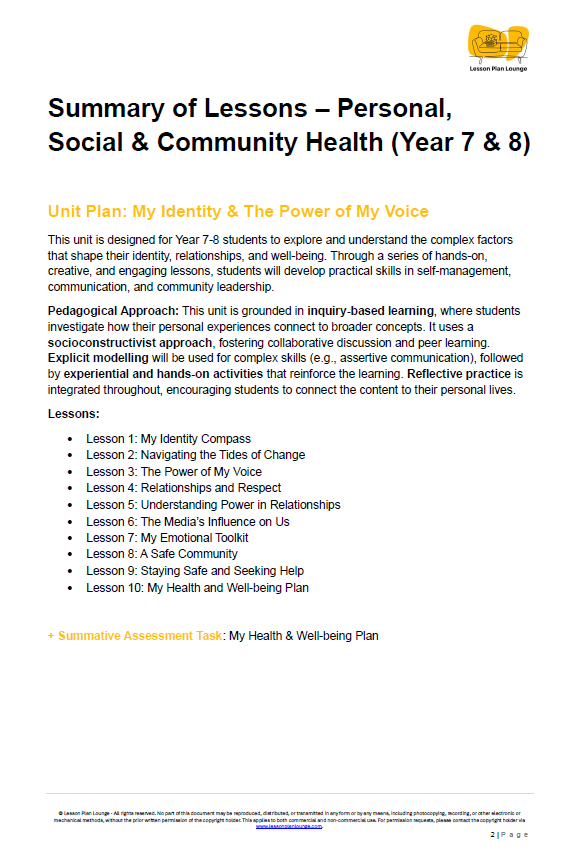 Summary of lessons for Personal, Social & Community Health in Year 7 & 8 with a logo at the top right corner.