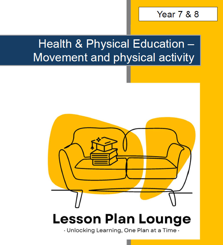 Cover of a book titled 'Health & Physical Education - Movement and physical activity' by Lesson Plan Lounge with a yellow couch illustration.