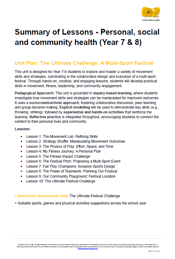 Summary of lessons for personal, social, and community health in Year 7 & 8 with a unit plan for a multi-sport festival.