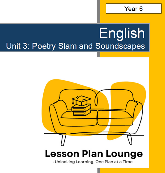 Cover of a lesson plan unit titled 'English Unit 3: Poetry Slam and Soundscapes' from Lesson Plan Lounge.