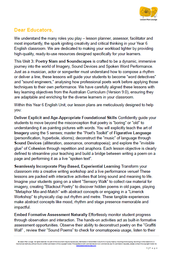 Educational document about a poetry unit for Year 6 English, with text and a logo on a white background.
