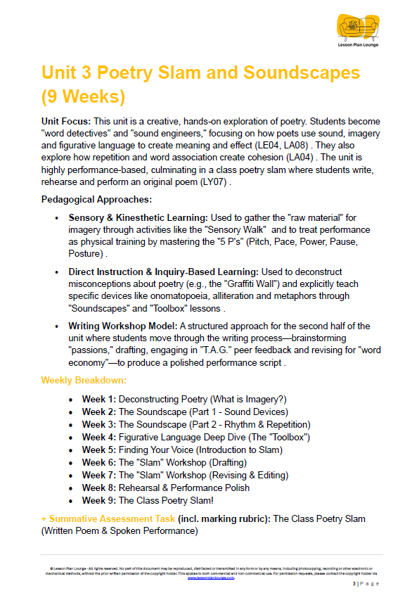 Unit 3 Poetry Slam and Soundscapes syllabus with text and logo on a white background