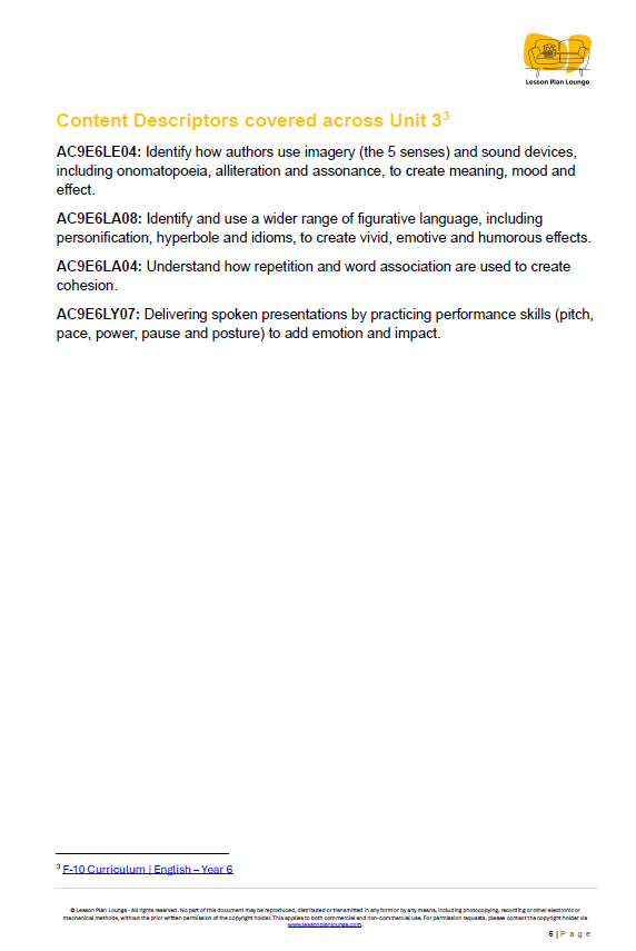 Text document with educational content descriptors on a white background
