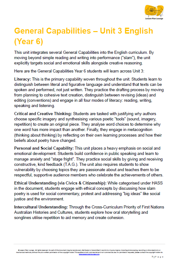 Educational document on General Capabilities - Unit 3 English for Year 6 students
