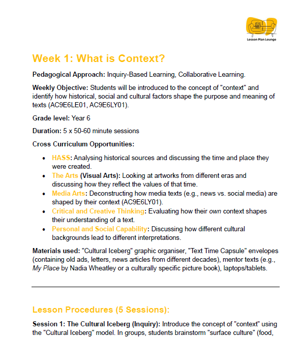 Lesson plan for Week 1 on 'What is Context?' with educational objectives and materials.
