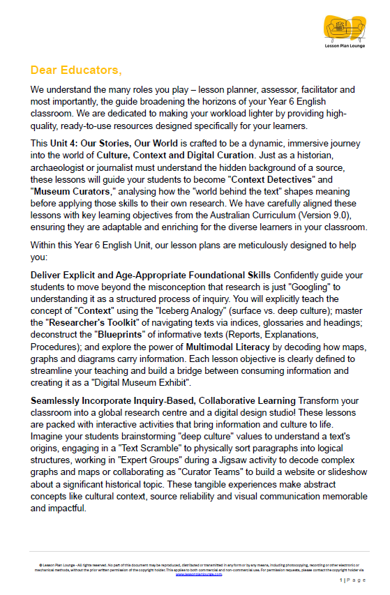 Educational document about a unit on culture, context, and digital curation with a logo at the top.