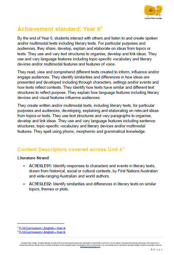 Educational document detailing achievement standards and content descriptors for Year 6 students interacting with texts.