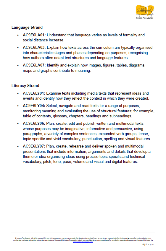Educational document on language and literacy standards with a visible logo at the top.