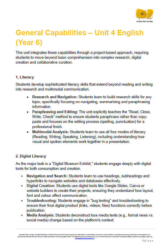 Educational document on General Capabilities - Unit 4 English for Year 6 students, featuring text and a logo at the top.