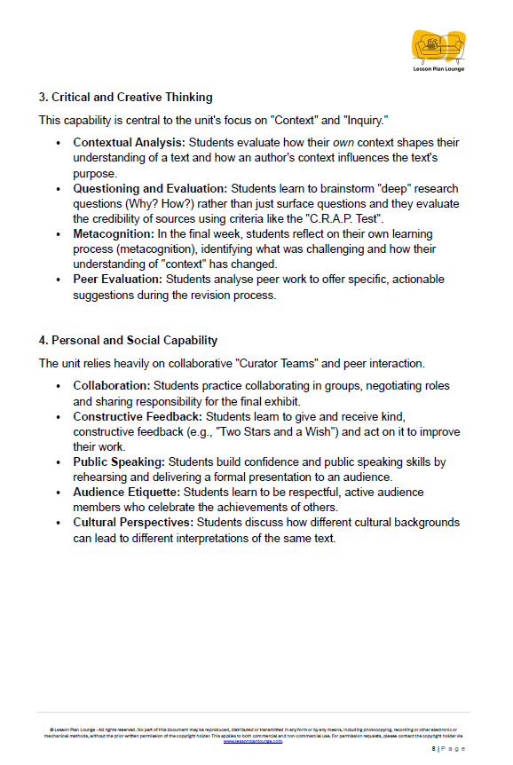 Educational document on critical and creative thinking, personal and social capability with text and logo.