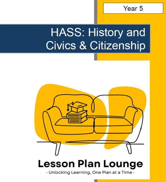 Cover of a book titled 'HASS: History and Civics & Citizenship' by Lesson Plan Lounge with a yellow couch and books illustration.