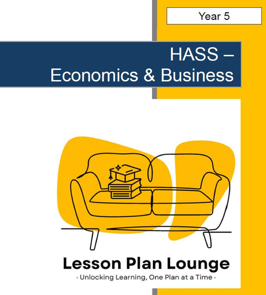 Cover of a HASS Economics & Business lesson plan book with a couch and books illustration on a yellow and blue background.