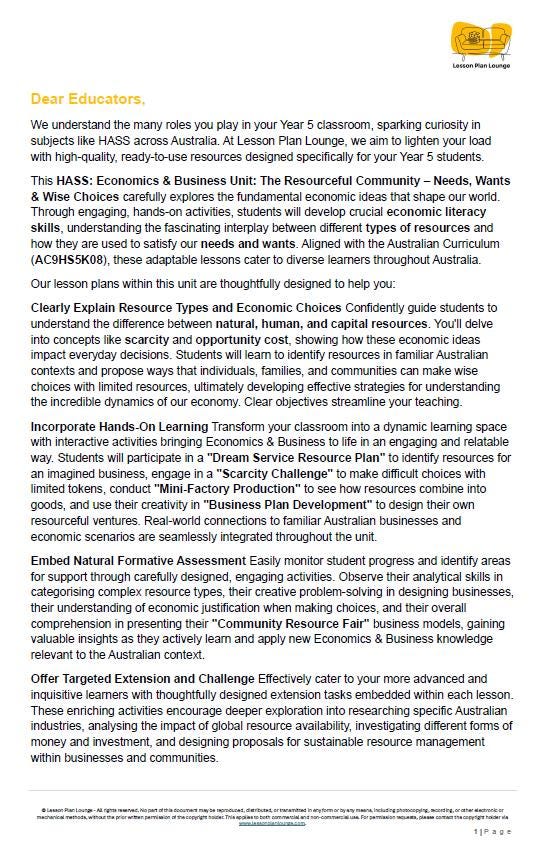 Educational document detailing a Year 6 economics and business unit plan.