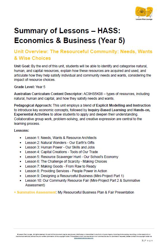 Summary of lessons for HASS Economics & Business Year 5 with educational content on a white background.