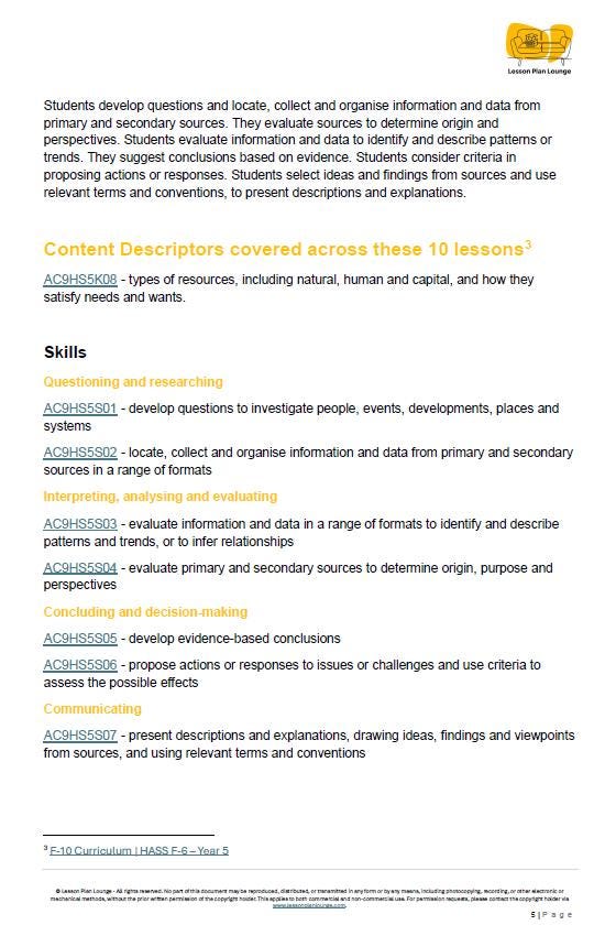 Educational document with content descriptors and skills for 10 lessons on a white background