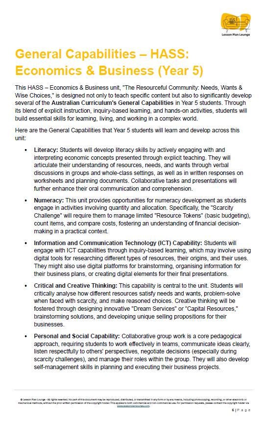 Sheet of paper with text about General Capabilities in Economics & Business for Year 5 students, featuring a logo at the top right corner.