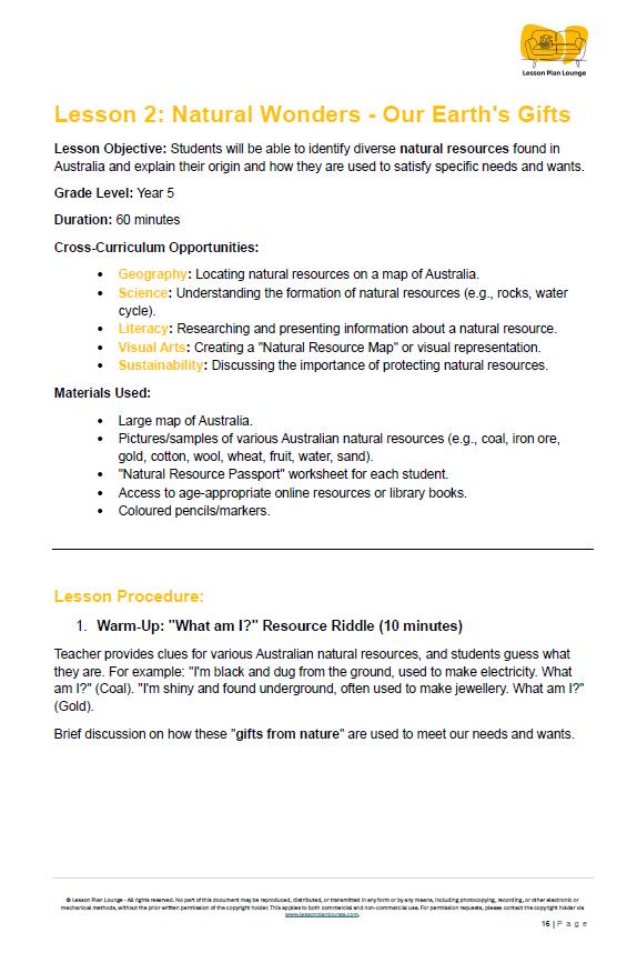 Educational lesson plan on natural resources for Year 5 students, detailing objectives, materials, and procedures.
