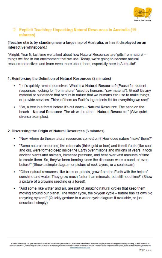 Educational document on teaching natural resources in Australia, featuring a large map of Australia on a whiteboard.