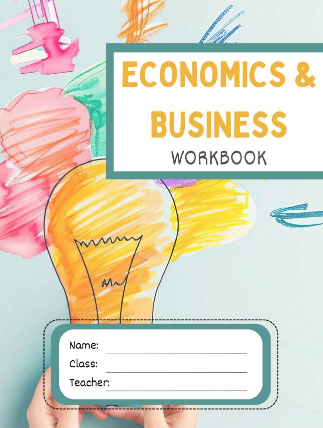 Workbook cover for Economics and Business with colorful abstract design and text.