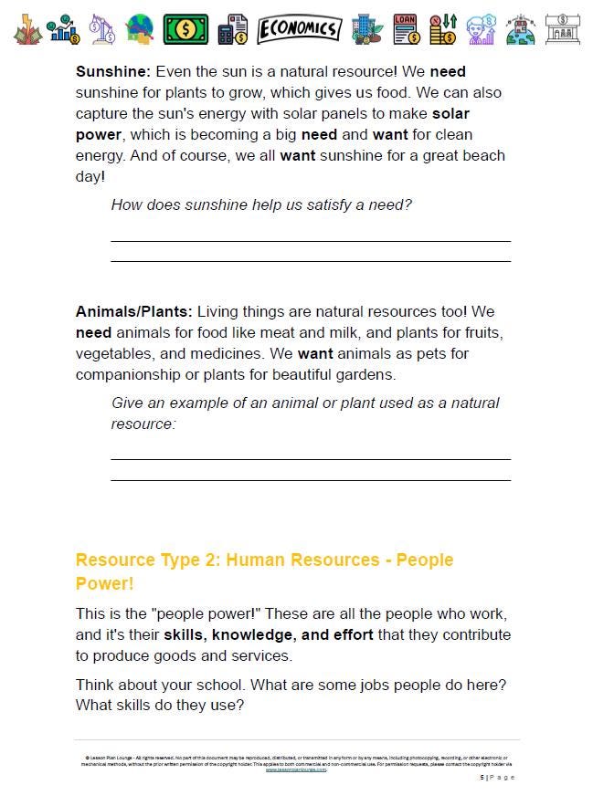 Educational worksheet about natural resources with text and icons on a white background