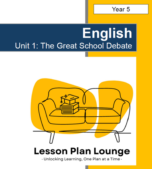 Cover of a lesson plan book titled 'English Unit 1: The Great School Debate' from Lesson Plan Lounge.