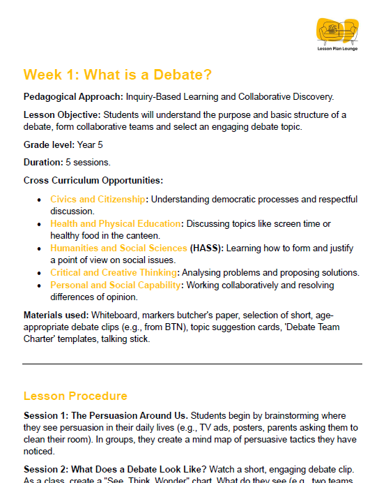 Educational lesson plan on understanding debates with objectives, grade level, and materials listed.