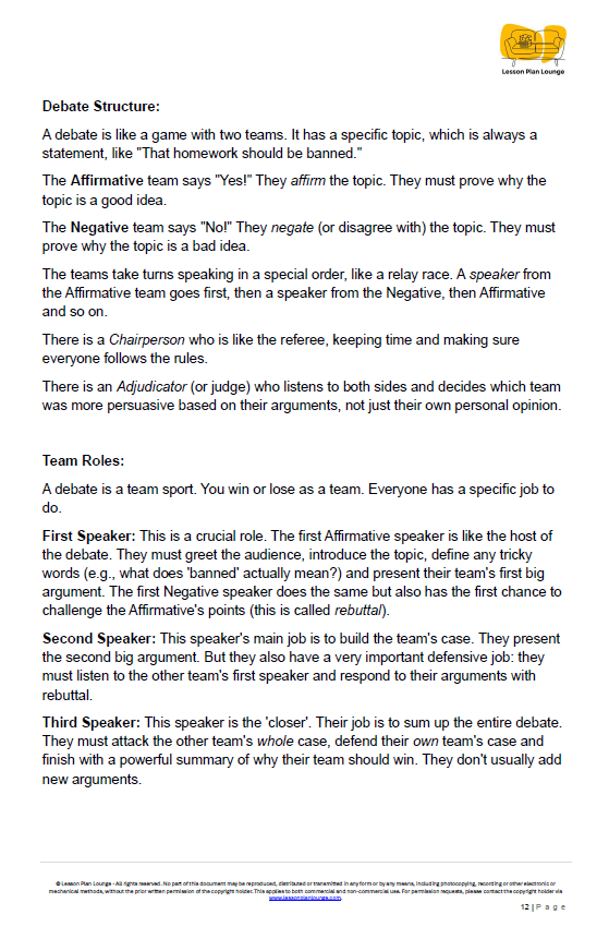 Sheet of paper with text about debate structure and team roles, featuring a logo in the corner.