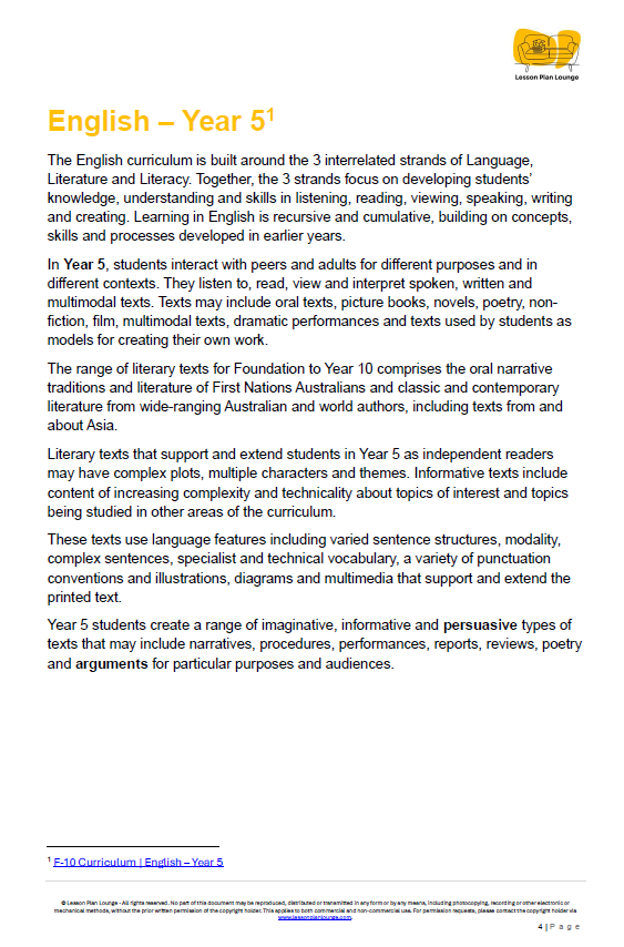 Educational document about English curriculum for Year 5 students, featuring text and a logo at the top.