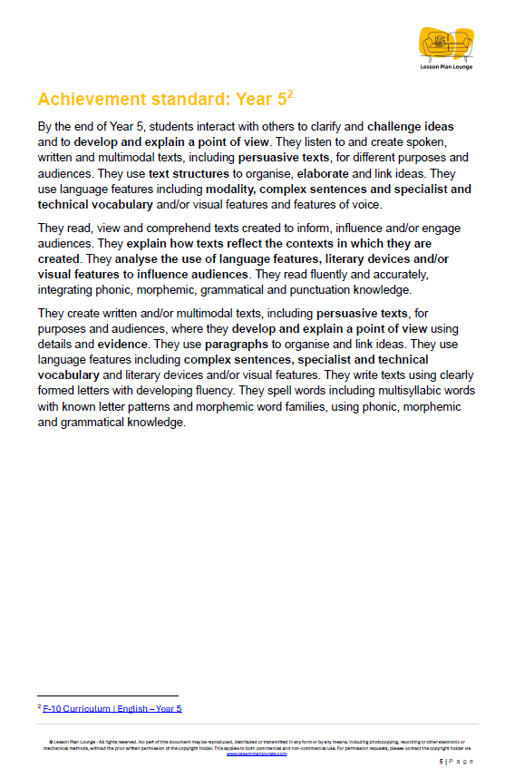 Educational document detailing achievement standards for Year 5 students, with a visible logo at the top right corner.