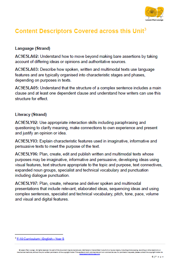 Sheet of paper with text on content descriptors for a language and literacy unit, featuring a logo at the top right corner.