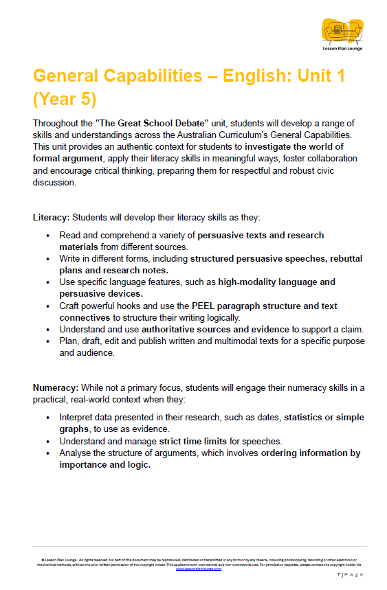 Educational document detailing General Capabilities in English for Year 5 students, including literacy and numeracy skills.
