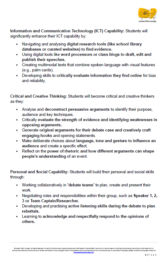 Educational document outlining the capabilities of students in Information and Communication Technology (ICT), Critical and Creative Thinking, and Personal and Social Capability.