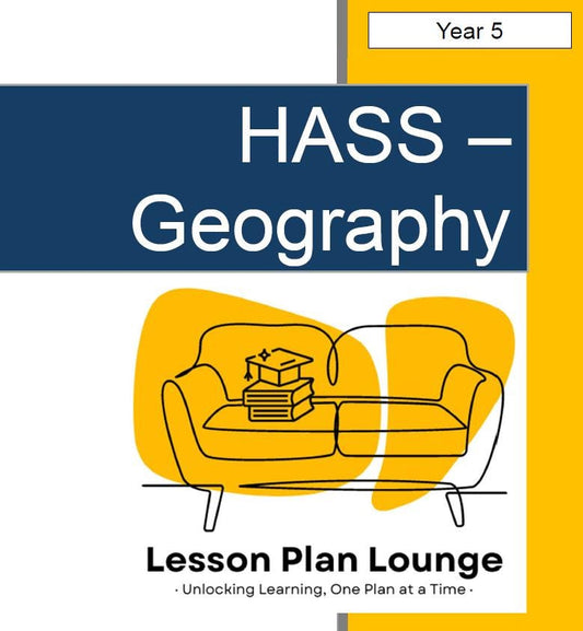 Cover of a geography lesson plan book with a couch and books illustration on a yellow and blue background.