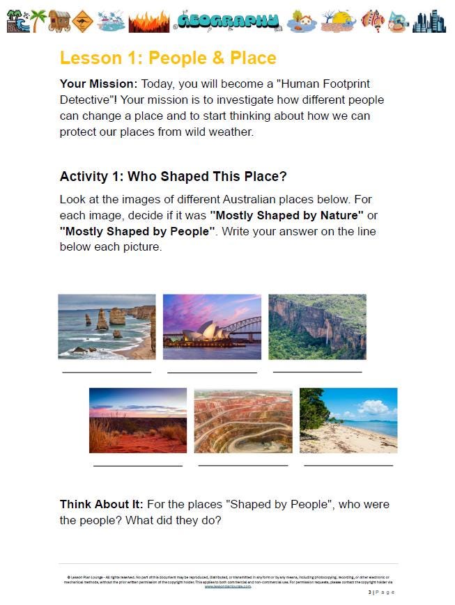 Educational worksheet titled 'Lesson 1: People & Place' with images of Australian landscapes and questions for analysis.