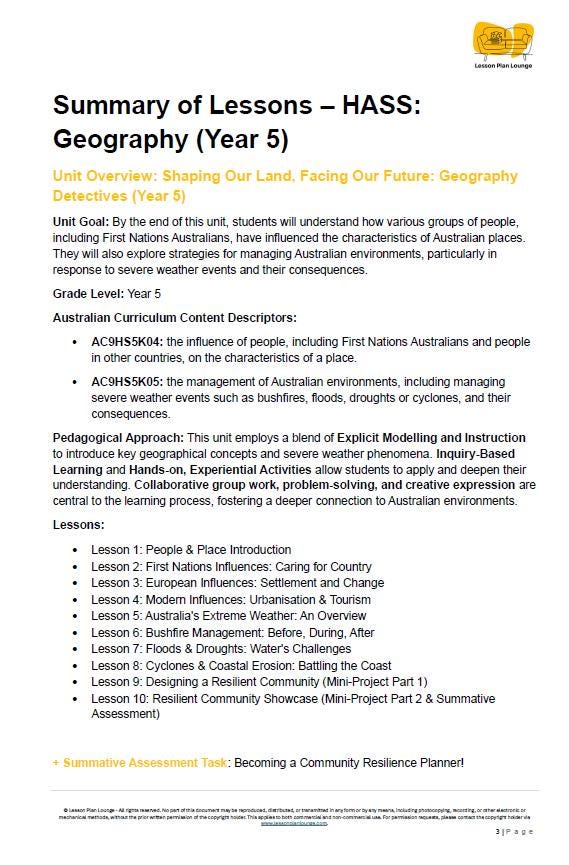 Geography lesson summary for Year 5 students on Australian environments and resilience.