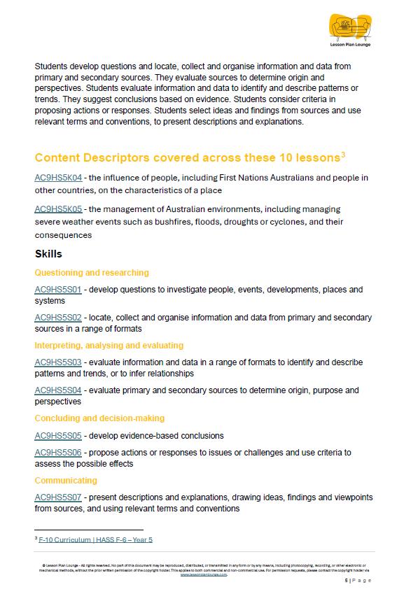 Educational document with content descriptors and skills listed on a white background