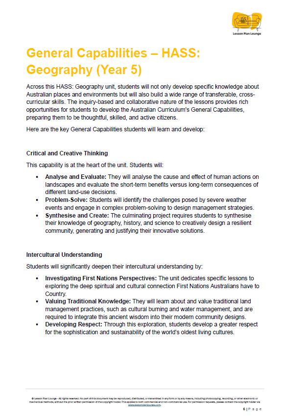 Sheet of paper with text about General Capabilities in Geography for Year 5 HASS curriculum.