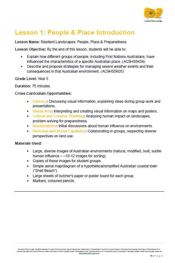 Educational lesson plan for Year 5 students on resilient landscapes, people, and preparedness.