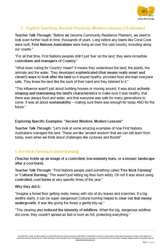 Text document with educational content on First Nations Australians and their relationship with the land.