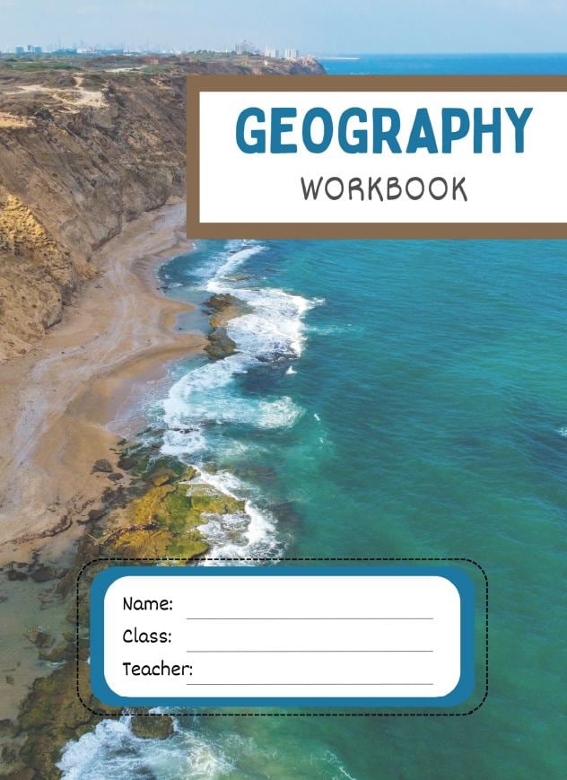 Geography workbook cover with coastal landscape design