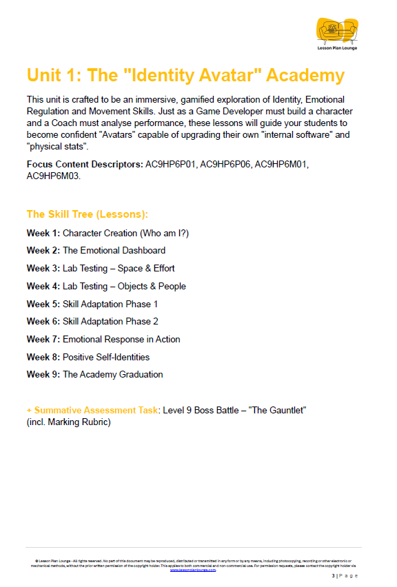 Transform your Year 5-6 Health & PE with this 9-week, Australian Curriculum Version 9.0 aligned "Identity Avatar" unit , which includes a FREE Student Workbook, nine gamified lesson plans , and a "Boss Battle" summative assessment  for just $7.50 AUD.
