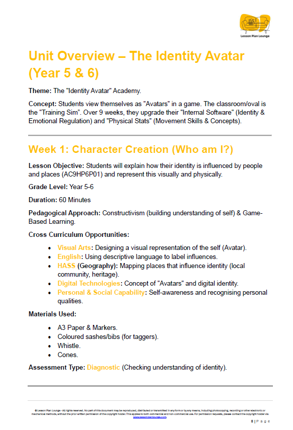 Transform your Year 5-6 Health & PE with this 9-week, Australian Curriculum Version 9.0 aligned "Identity Avatar" unit , which includes a FREE Student Workbook, nine gamified lesson plans , and a "Boss Battle" summative assessment  for just $7.50 AUD.